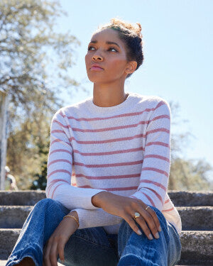 Asher Cashmere Crewneck in Light Grey and Rosé Stripe.  Not Monday.