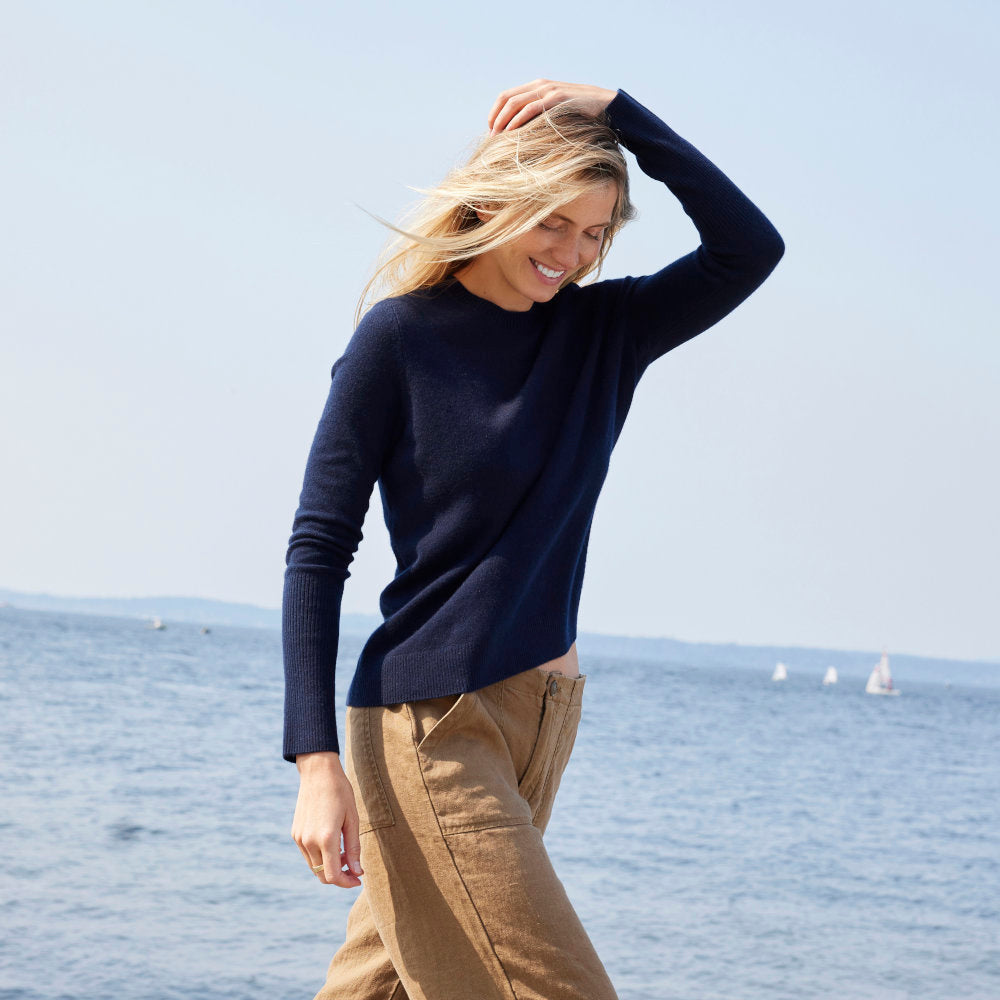 Chase Cashmere Sweater in Navy with Serena Pants in Espresso.  Not Monday.