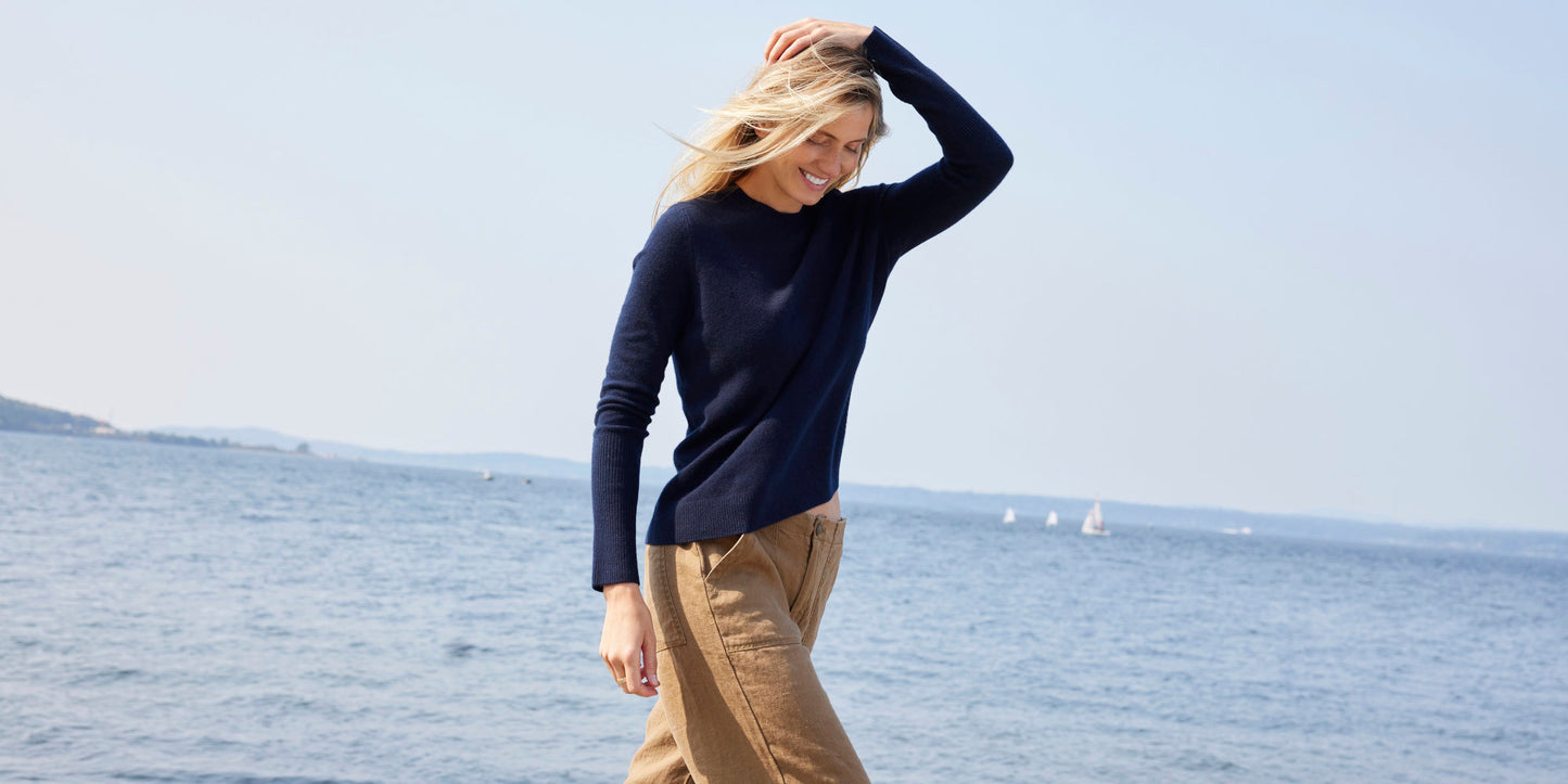 Chase Cashmere Sweater in Navy with Serena Pants in Espresso.  Not Monday.