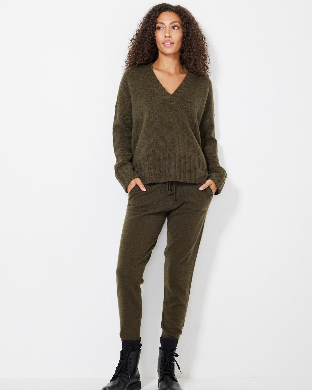 Charlotte Oversized Pure Cashmere V-neck with Brooklyn Joggers.  Both in Army.  Not Monday.