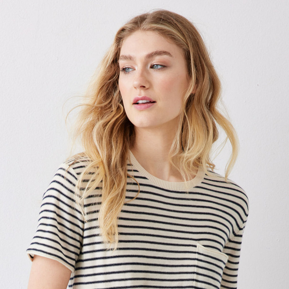Isabelle Pure Cashmere Short Sleeve Sweater in Stripe.  Not Monday.