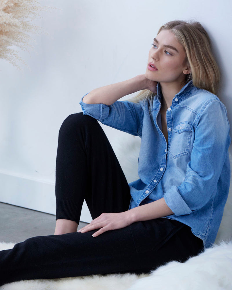 Ryder Denim Shirt + Brooklyn Cashmere Pant in Charcoal.  Not Monday.