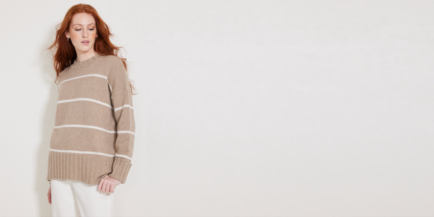 Mila Crewneck Sweater in Latte Stripe.  Not Monday.